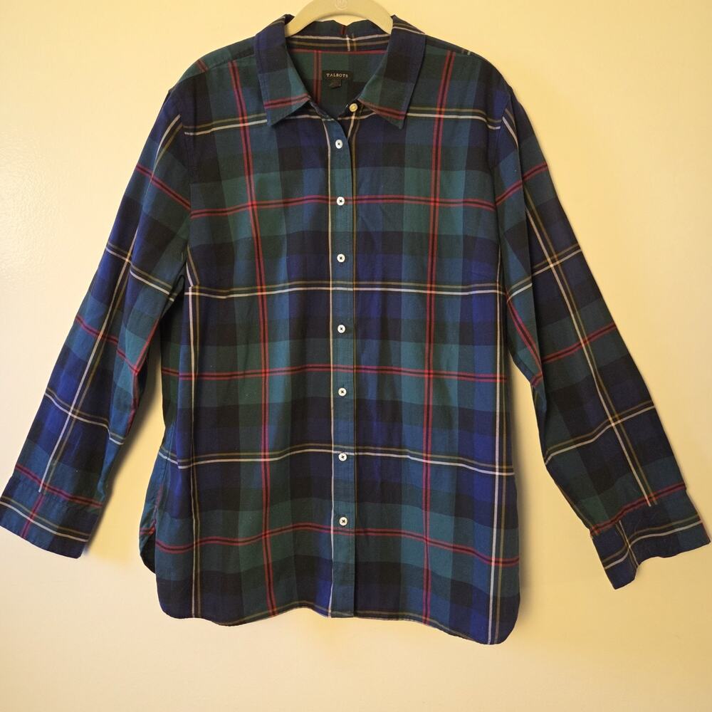 Talbots Womens Shirt XL Long Sleeve Button Down Blue Green Red Plaid Tartan...